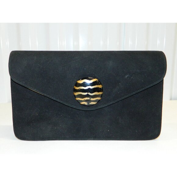 Vtg Costablanca Black Suede Envelope Clutch Gold Chain Strap Tiger Stripe Button - Picture 2 of 14